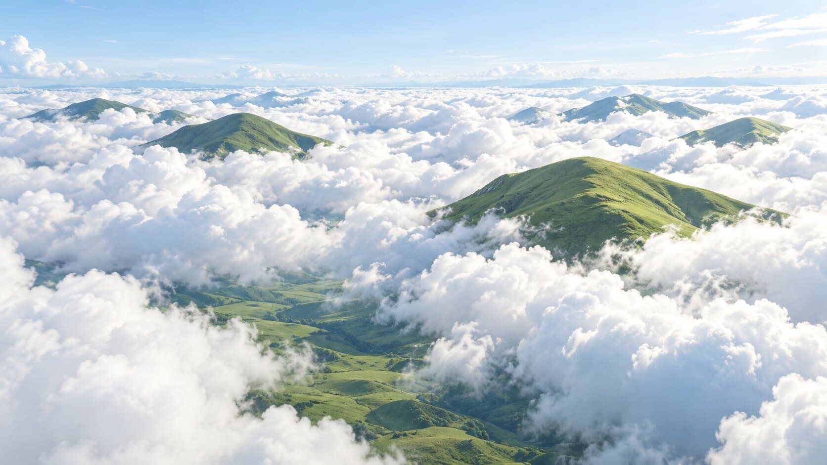 Green mountain peaks rising through a sea of clouds