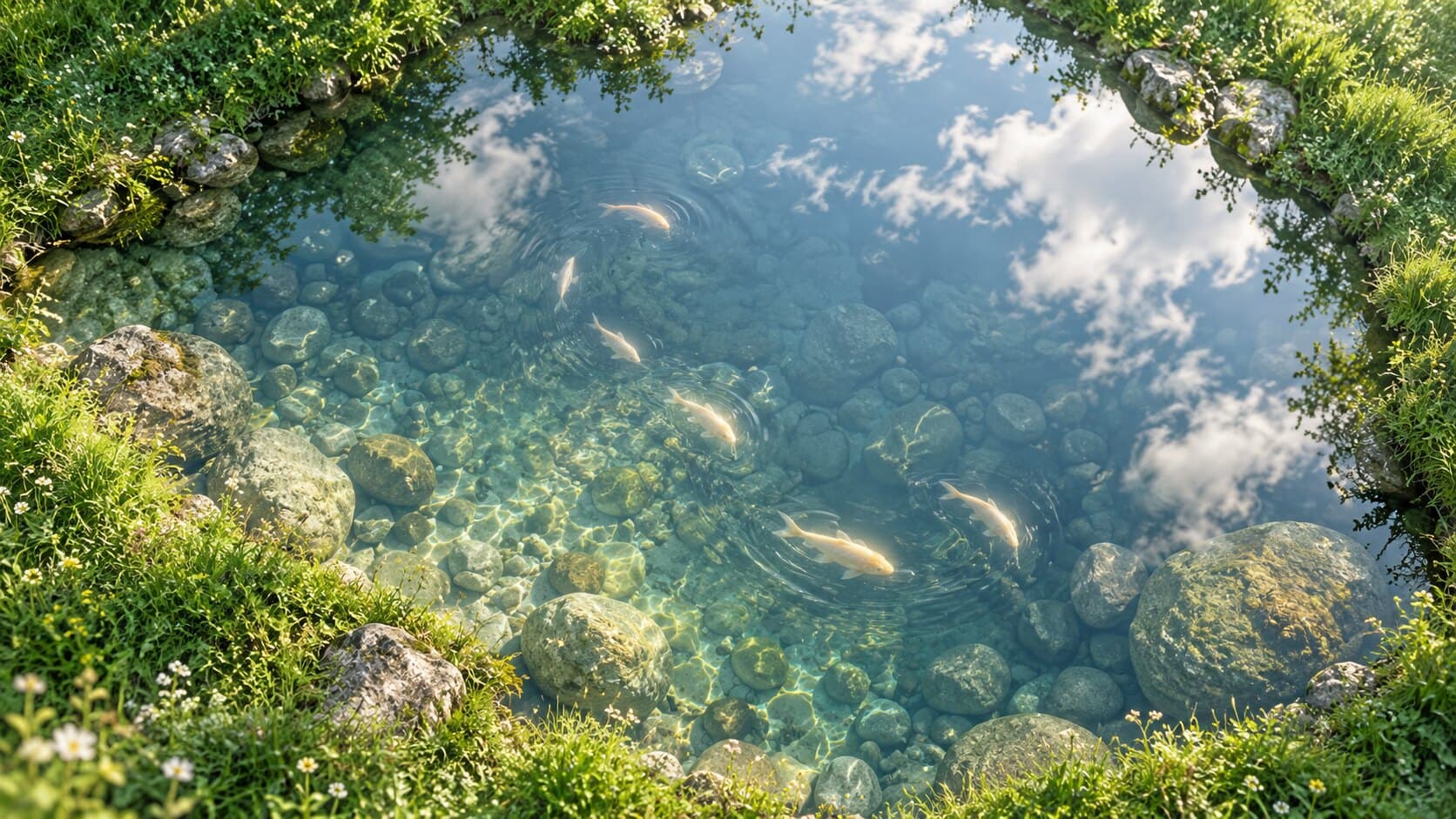 A clear meadow pond reflecting the sky, with softly glowing fish