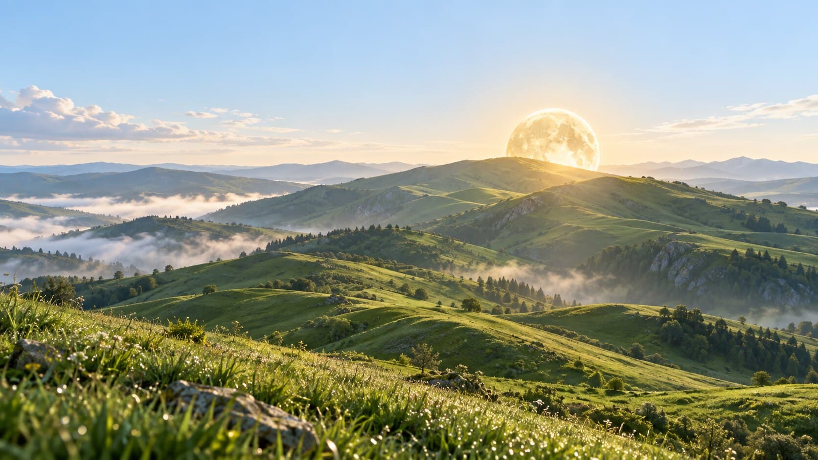 A glowing orb rising over a ridge of green hills at dawn