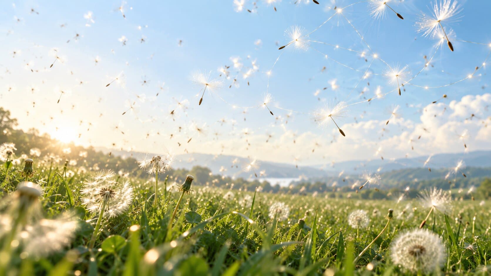 Dandelion seeds drifting over a sunlit meadow, linked by faint threads of light