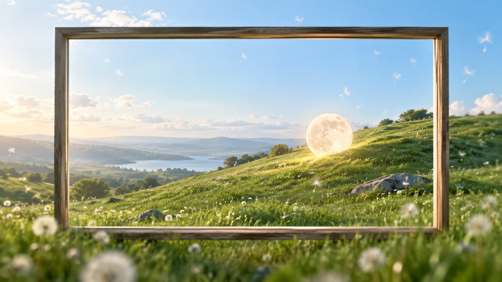 A wooden frame standing in a meadow, framing a glowing orb resting on a grassy slope